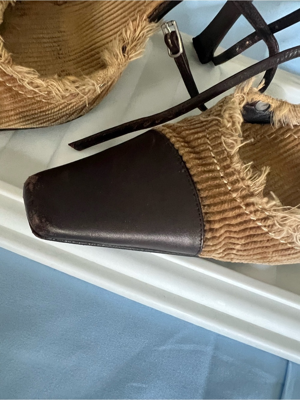 Casadei Brown Corduroy & Dark Brown Leather Slingback Heels - Picture 5 of 14